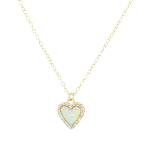 Mini Opal Heart Necklace with Crystals - White Opal