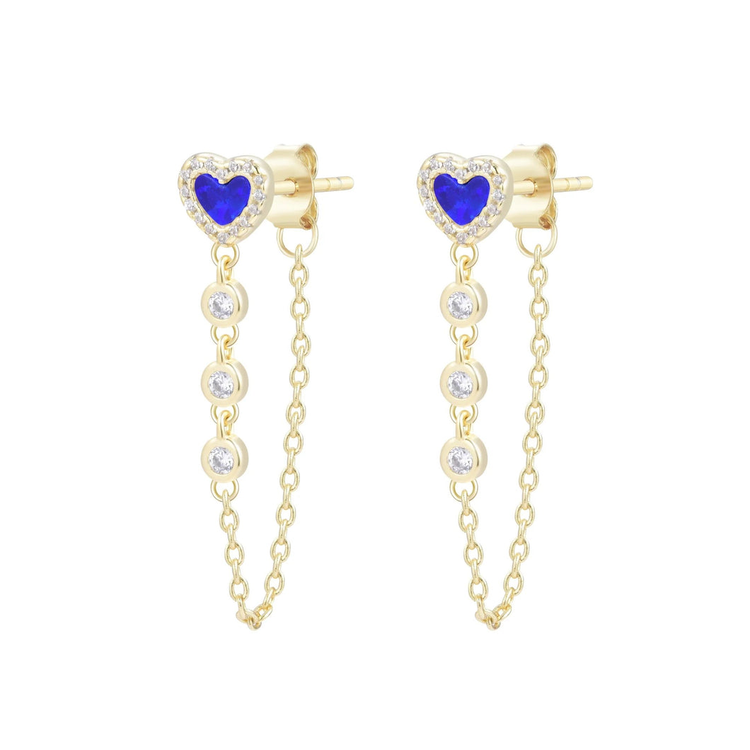 Heart Chain Stud Earrings with Crystals - Indigo Opal