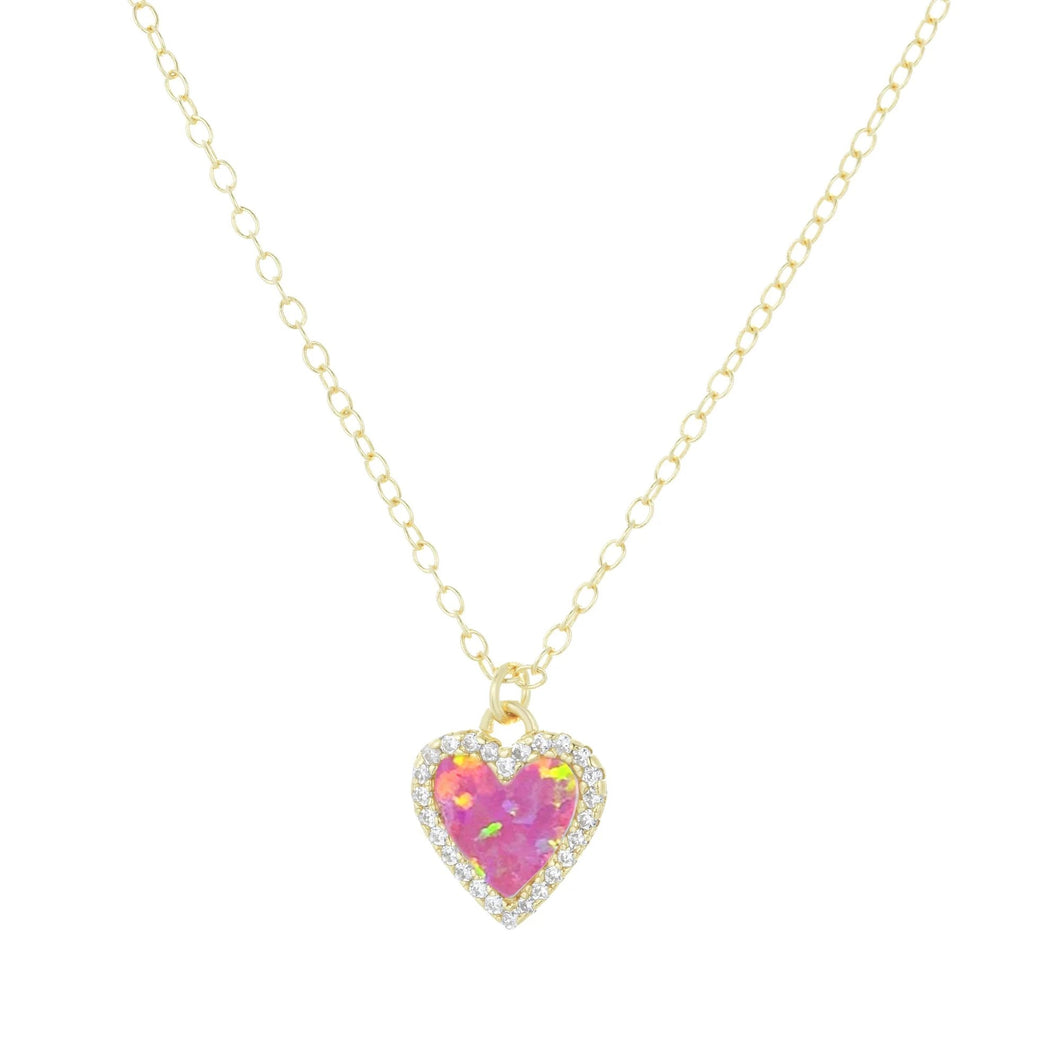 Mini Opal Heart Necklace with Crystals - Pink