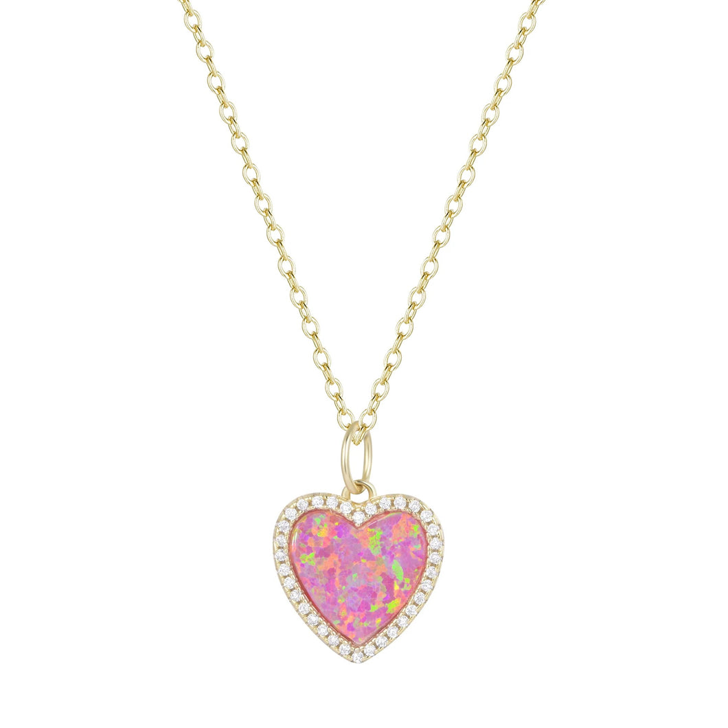 Opal Heart Necklace with Crystals - Pink