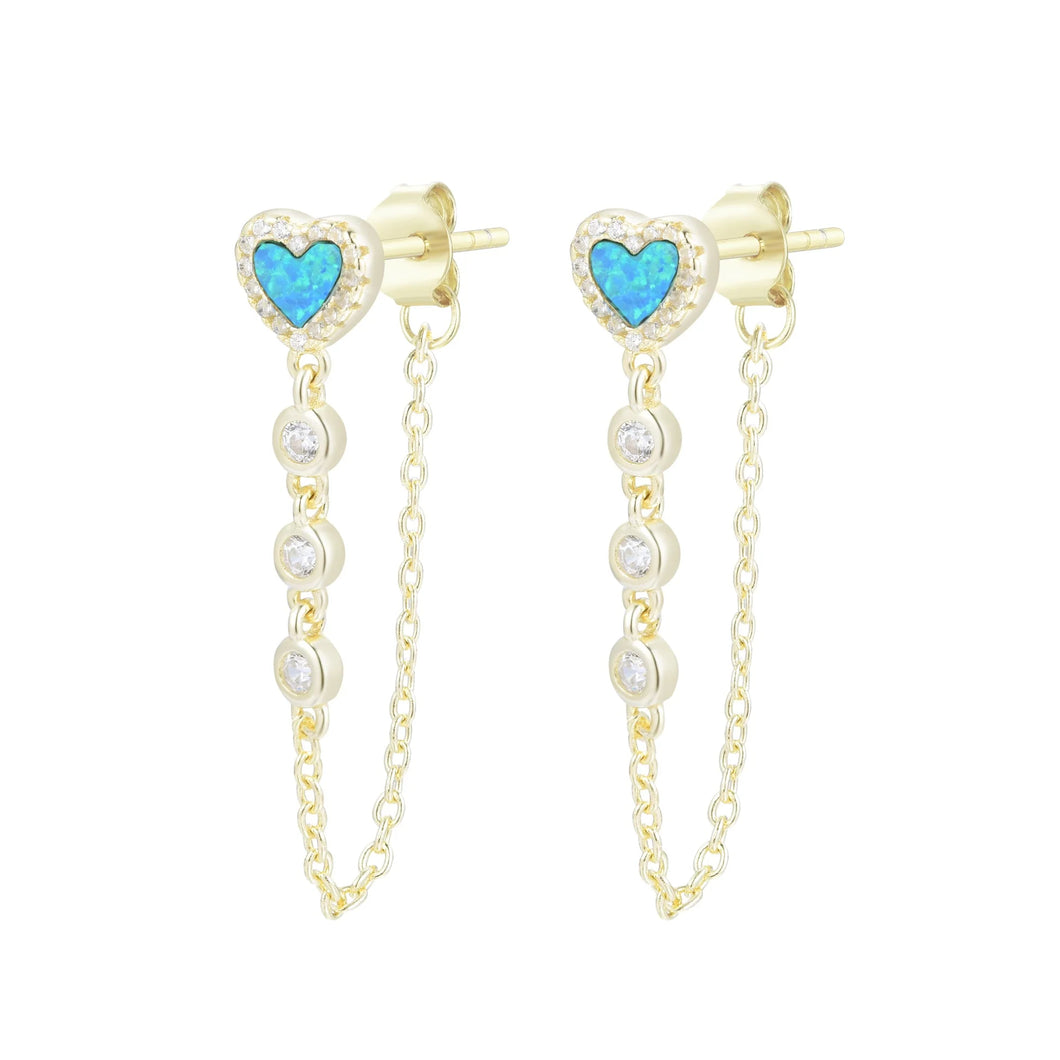 Heart Chain Stud Earrings with Crystals - Blue/Green Opal