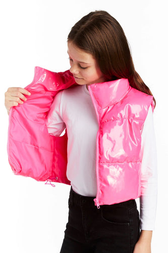 Neon Pink Cropped Puffer Vest