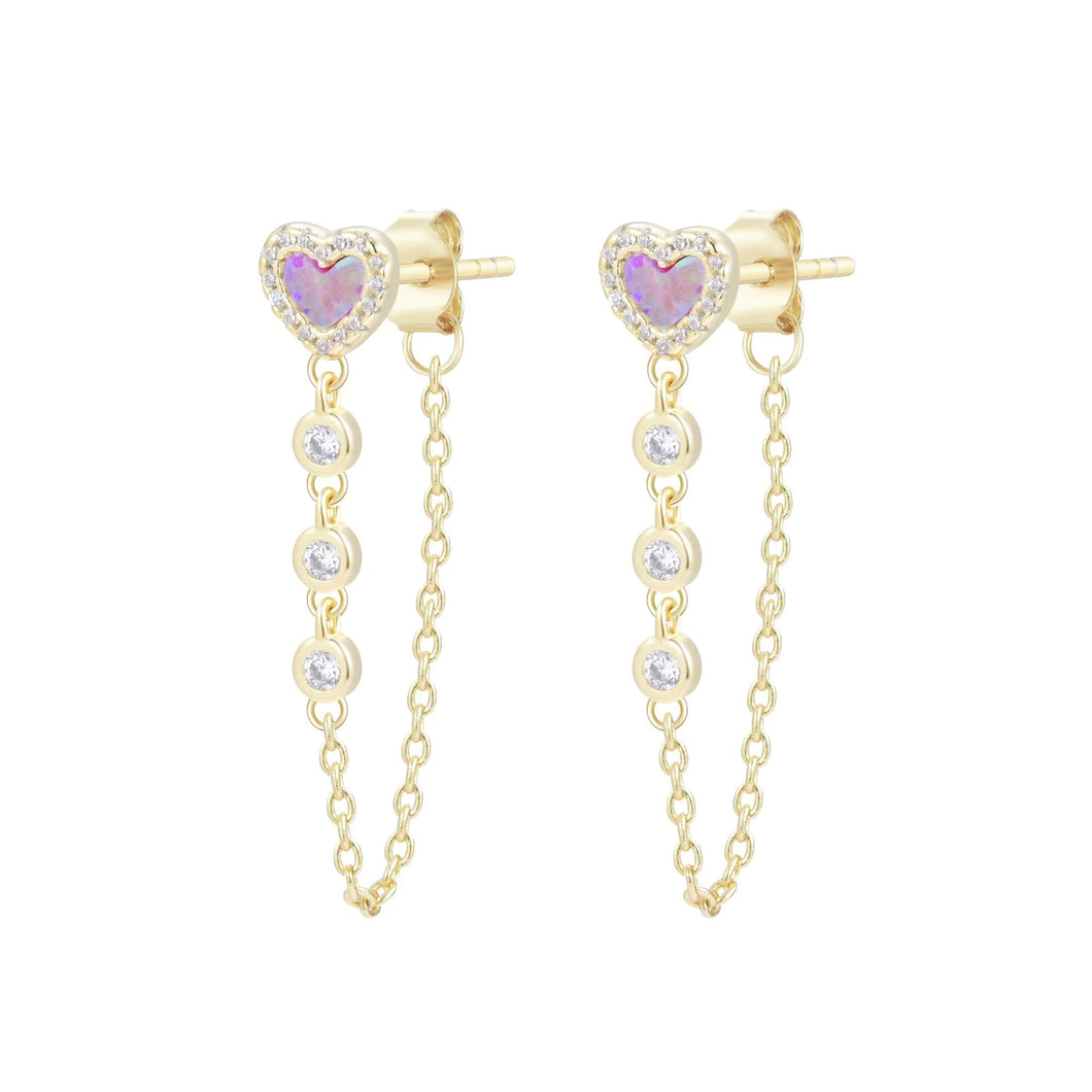 Heart Chain Stud Earrings with Crystals - Pink